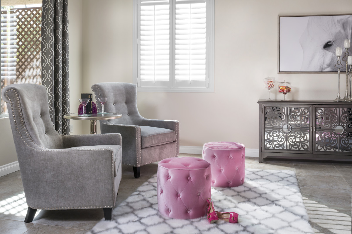 Gainesville pink living room with shutters